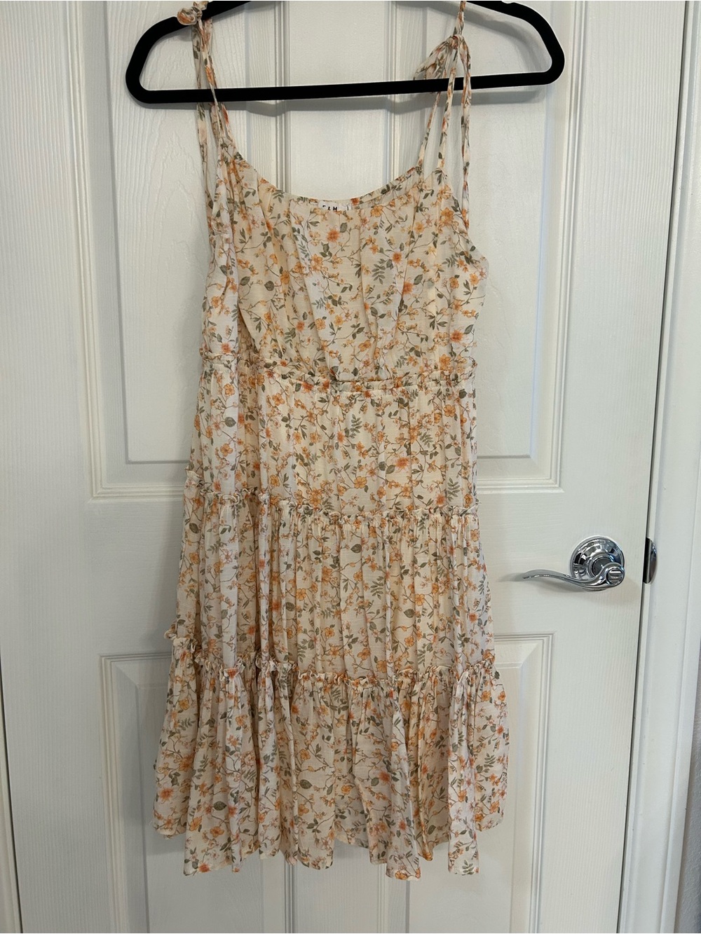 Tie-Shoulder Floral Tiered Mini Dress in Cream and Orange (Bin C1)